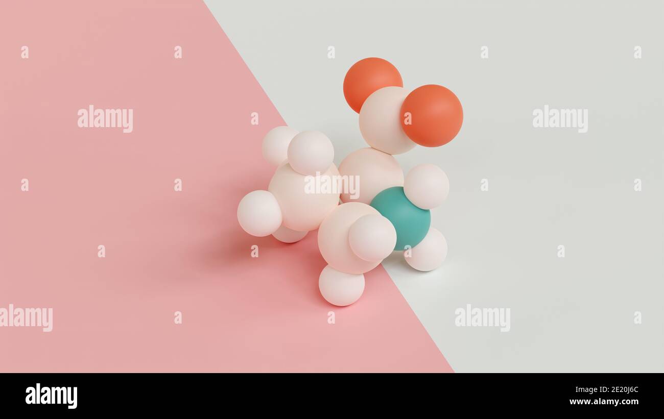 Proline (l-proline, Pro) amino acid molecule. 3D rendering. Atoms shown as color-coded spheres (oxygen orange, nitrogen teal, carbon beige, hydrogen w Stock Photo