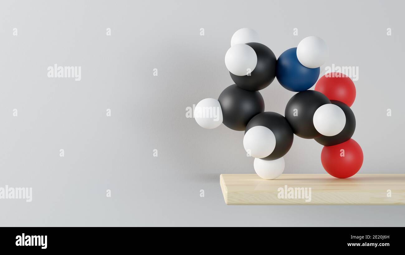 Proline (l-proline, Pro) amino acid molecule. 3D rendering. Atoms are shown as spheres with conventional color coding: hydrogen white, carbon black, n Stock Photo