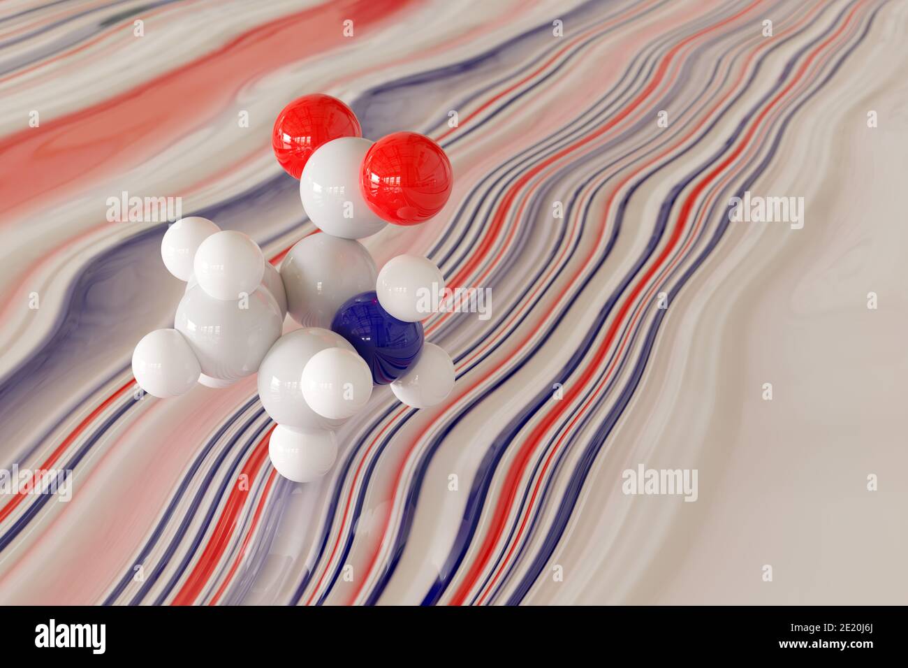 Proline (l-proline, Pro) amino acid molecule. 3D rendering. Scaled sphere molecular model shown floating just above a liquid paint surface. Color codi Stock Photo