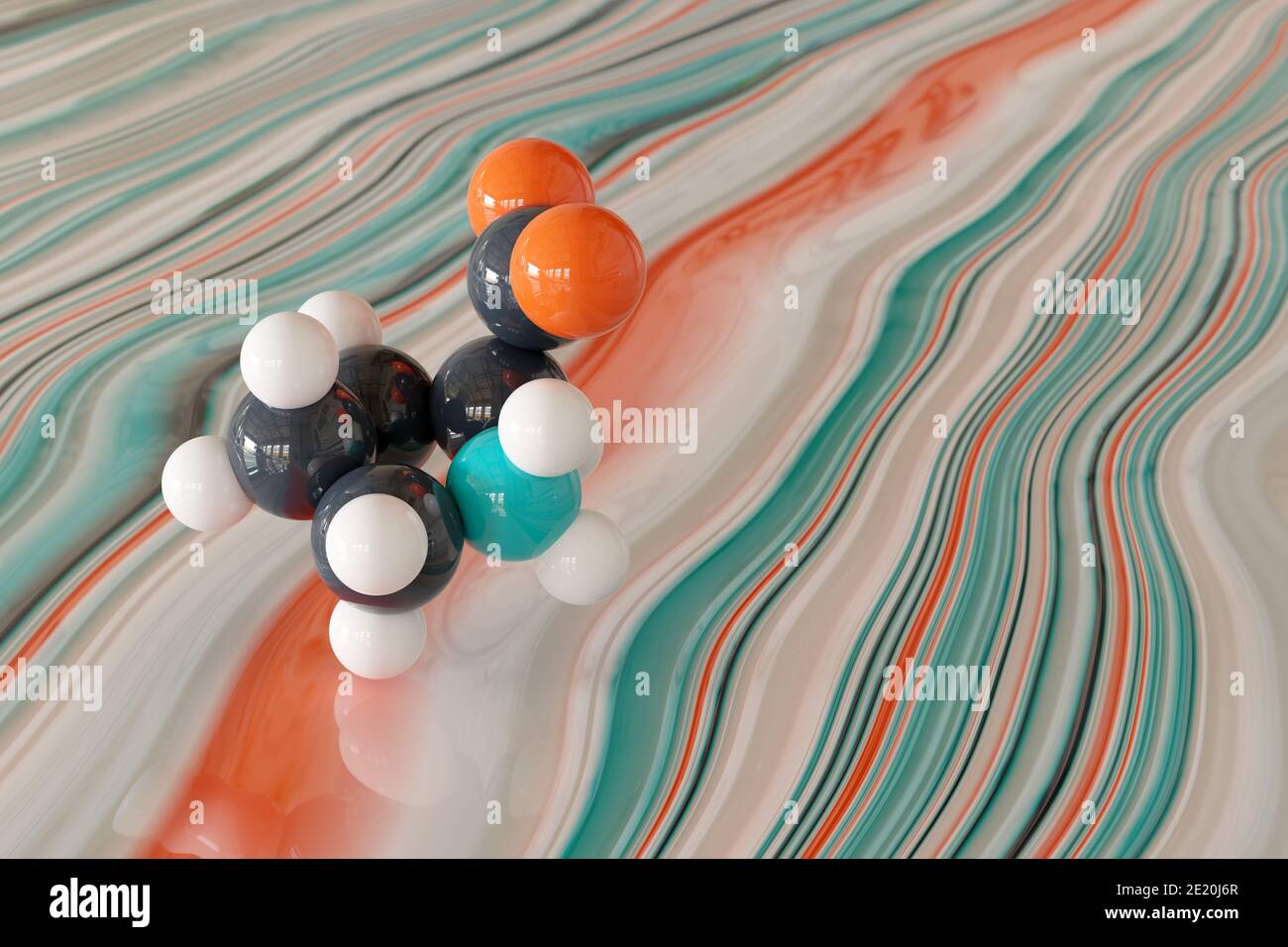 Proline (l-proline, Pro) amino acid molecule. 3D rendering. Scaled sphere molecular model shown floating just above a liquid paint surface. Color codi Stock Photo