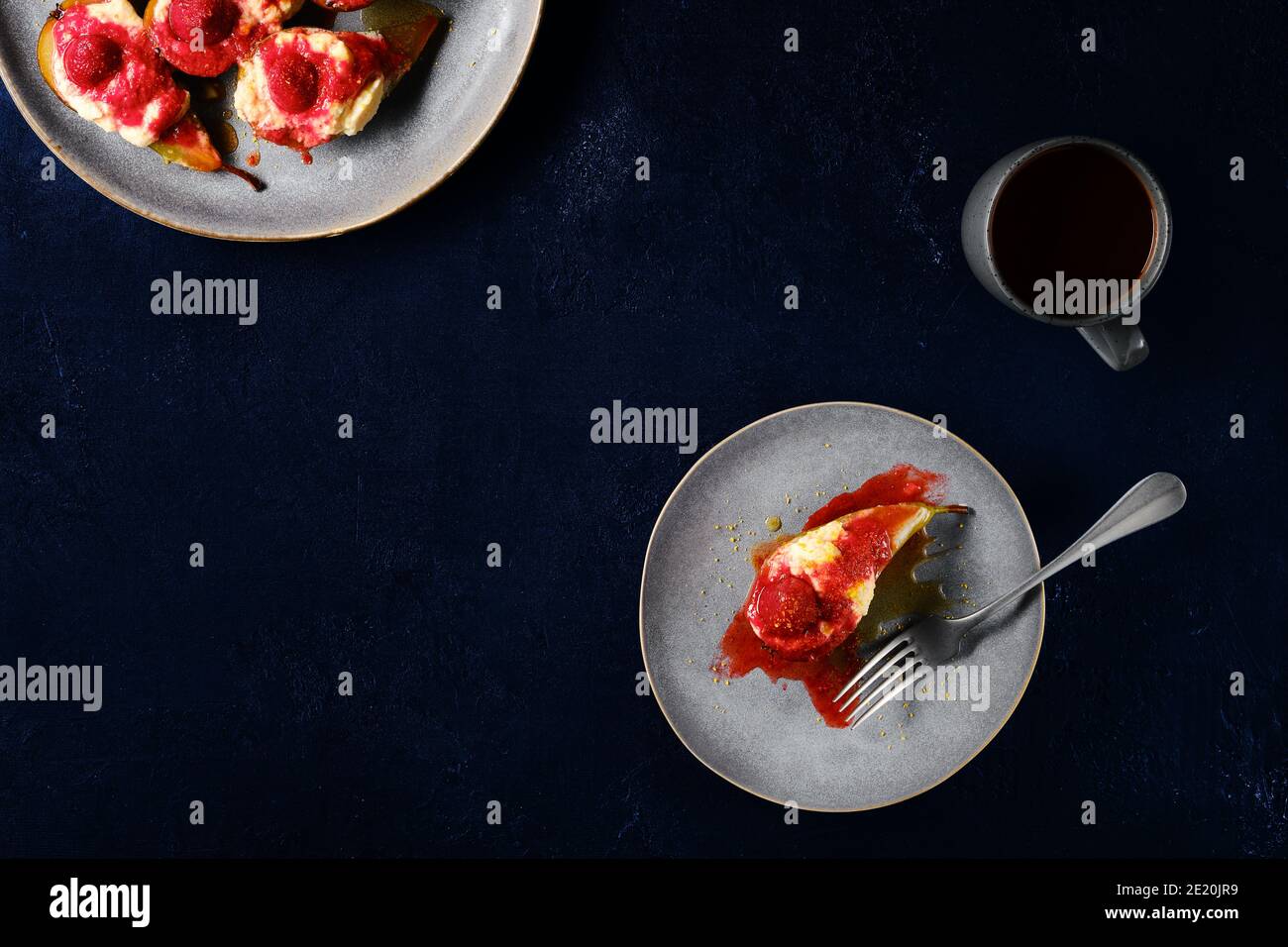 Top view of sweet baked pears with mascarpone, caramel syrup and