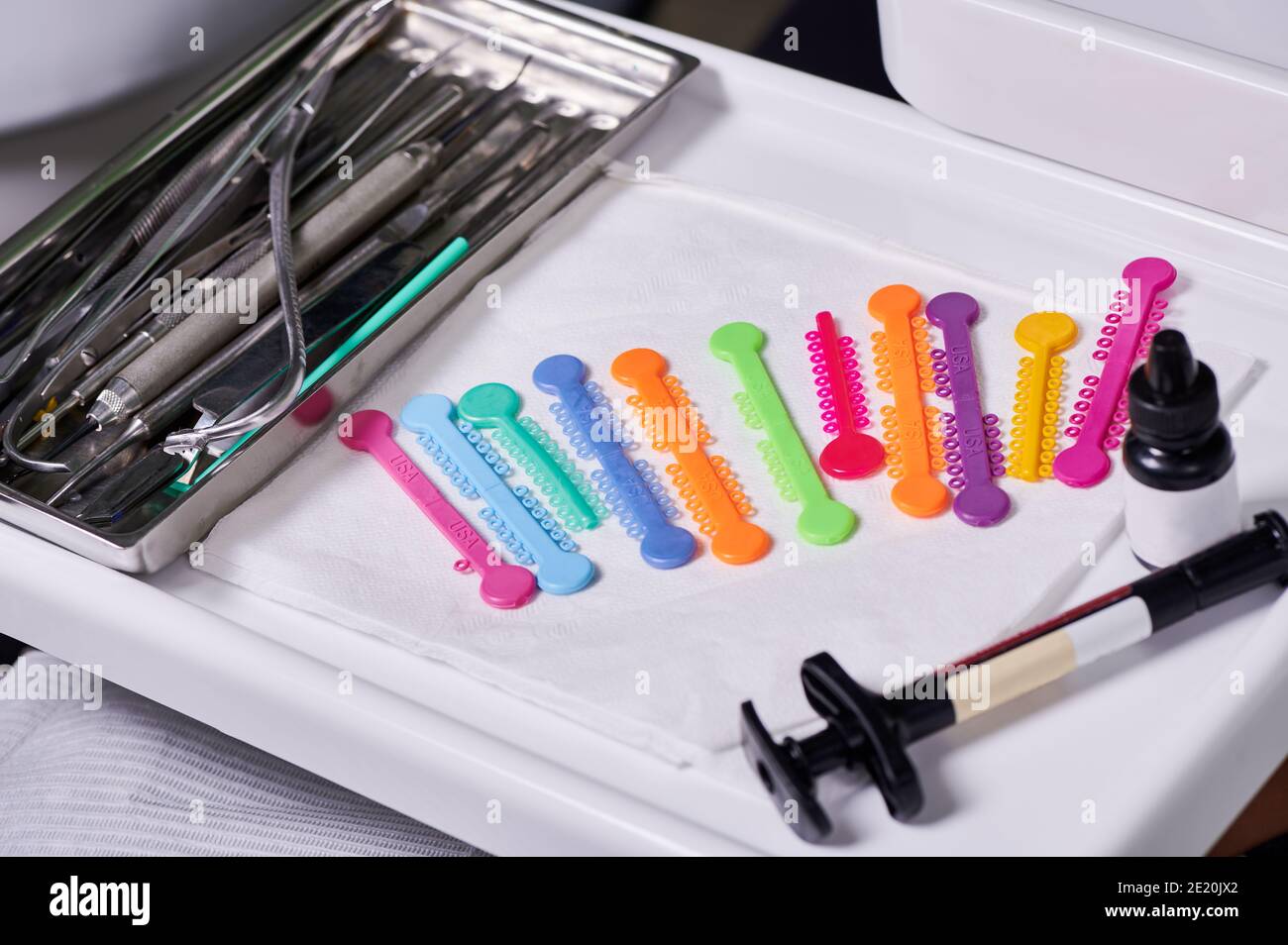 Top view on orthodontic elastomeric rings in orthodontic treatment. A