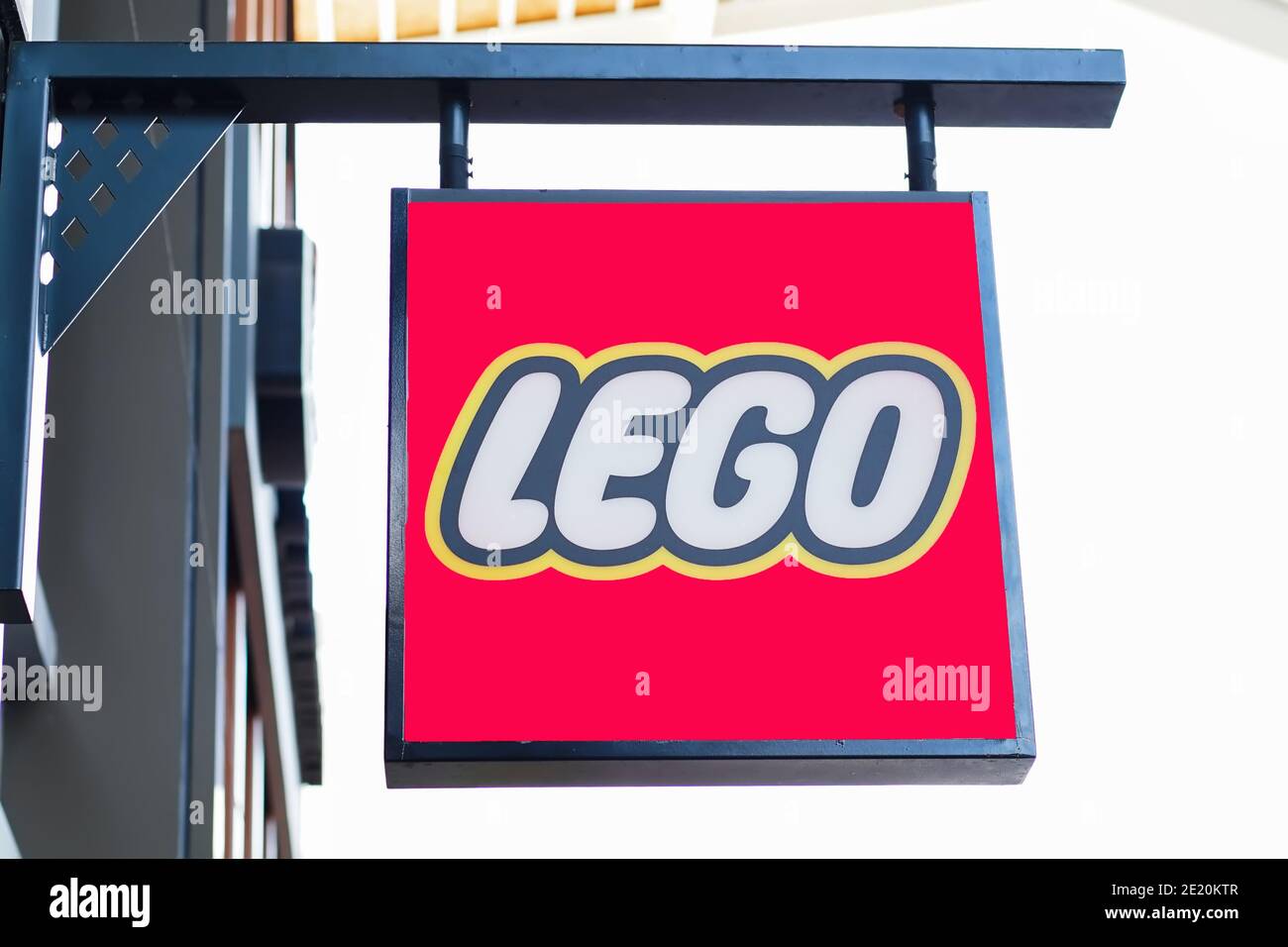 Samut Prakan, Thailand - November 02, 2020: Sign of Lego Store in Central Village Shopping Mall. Lego Group is a construction toys manufacturer based Stock Photo