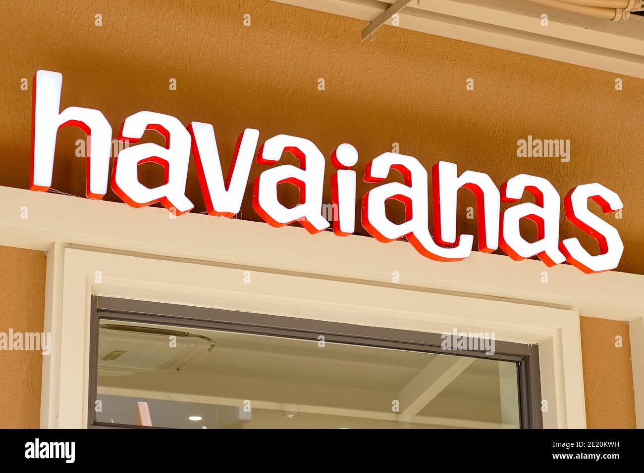 Samut Prakan, Thailand - November 02, 2020: A Havaianas outlet in Central Village Shopping Mall, is the famous flip-flop brand from Brazil. Stock Photo