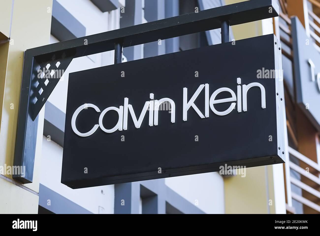 Samut Prakan, Thailand - November 02, 2020: Calvin Klein store in Central Village Shopping Mall, a famous American luxury brand of high fashion clothi Stock Photo