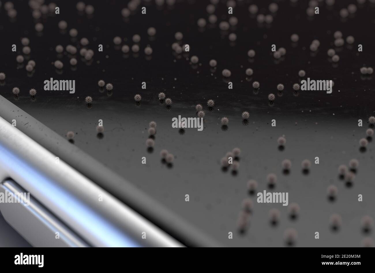 A concept image of a generic smartphone with dirt, germ and virus particles resting on the screens surface - 3D render Stock Photo