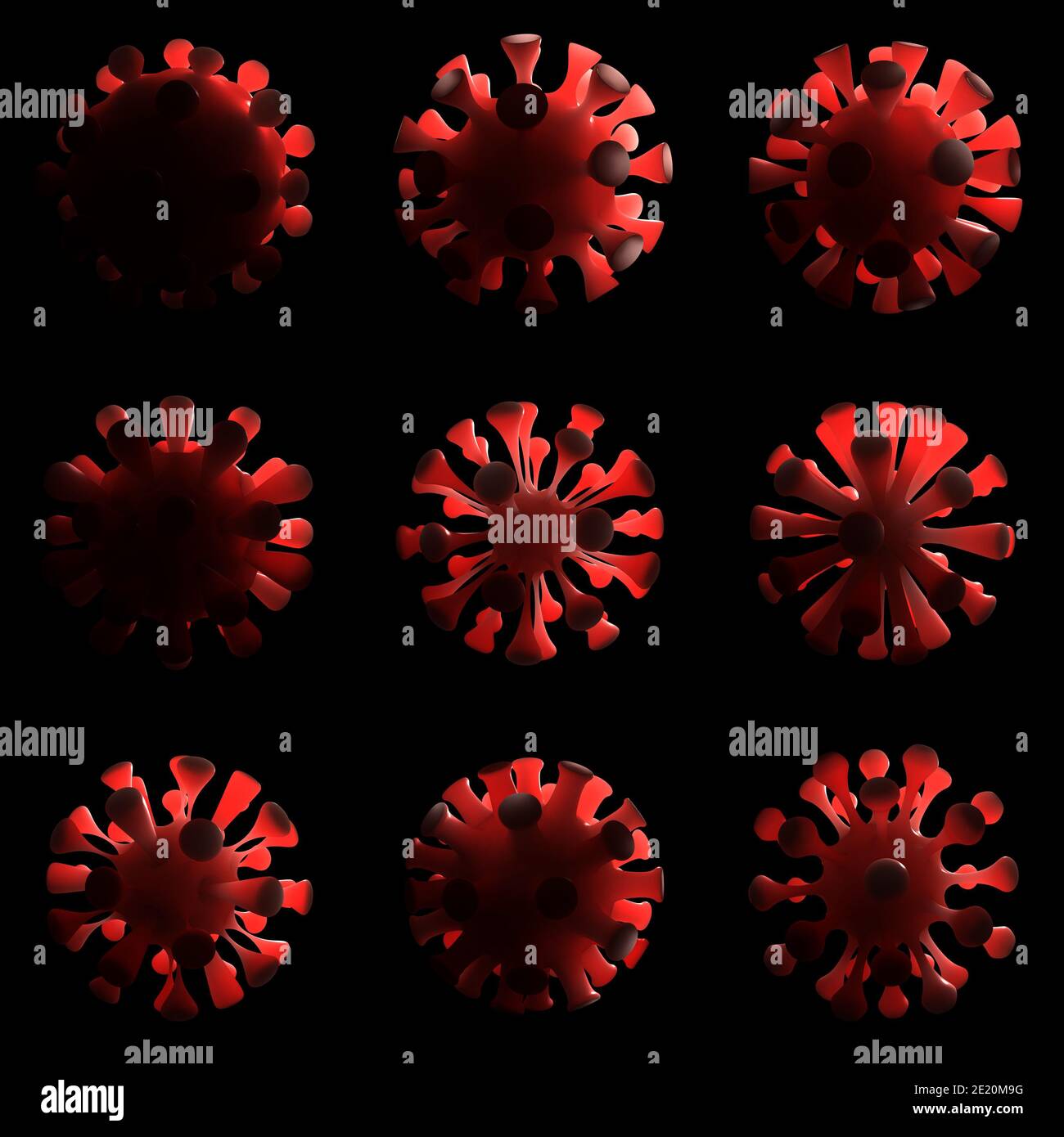 A concept showing an array of various shaped evolving and mutating coronavirus molecules particles on a dark background - 3D render Stock Photo