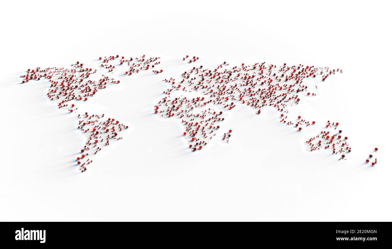 A flat world map with halftone edges on a white textured background showing red corona virus particles distributed across the world - 3D render Stock Photo