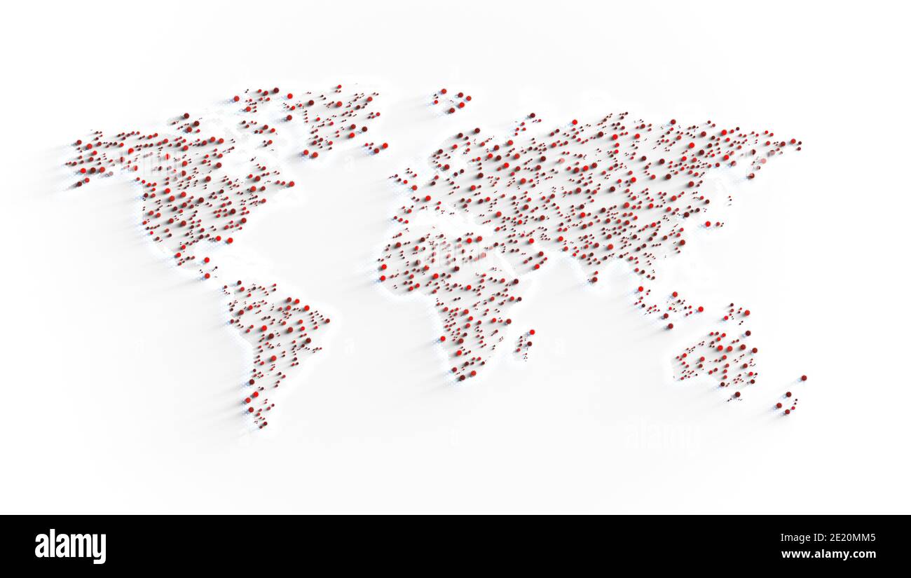 A flat world map with halftone edges on a white textured background showing red corona virus particles distributed across the world - 3D render Stock Photo