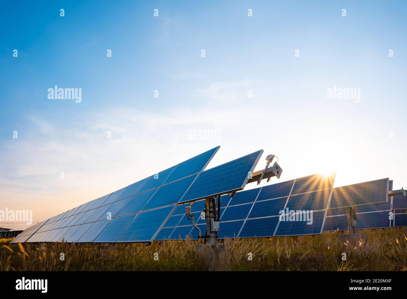 Solar plant(solar cell) with the summer season, hot climate causes increased power production, Alternative energy to conserve the world's energy, Phot Stock Photo