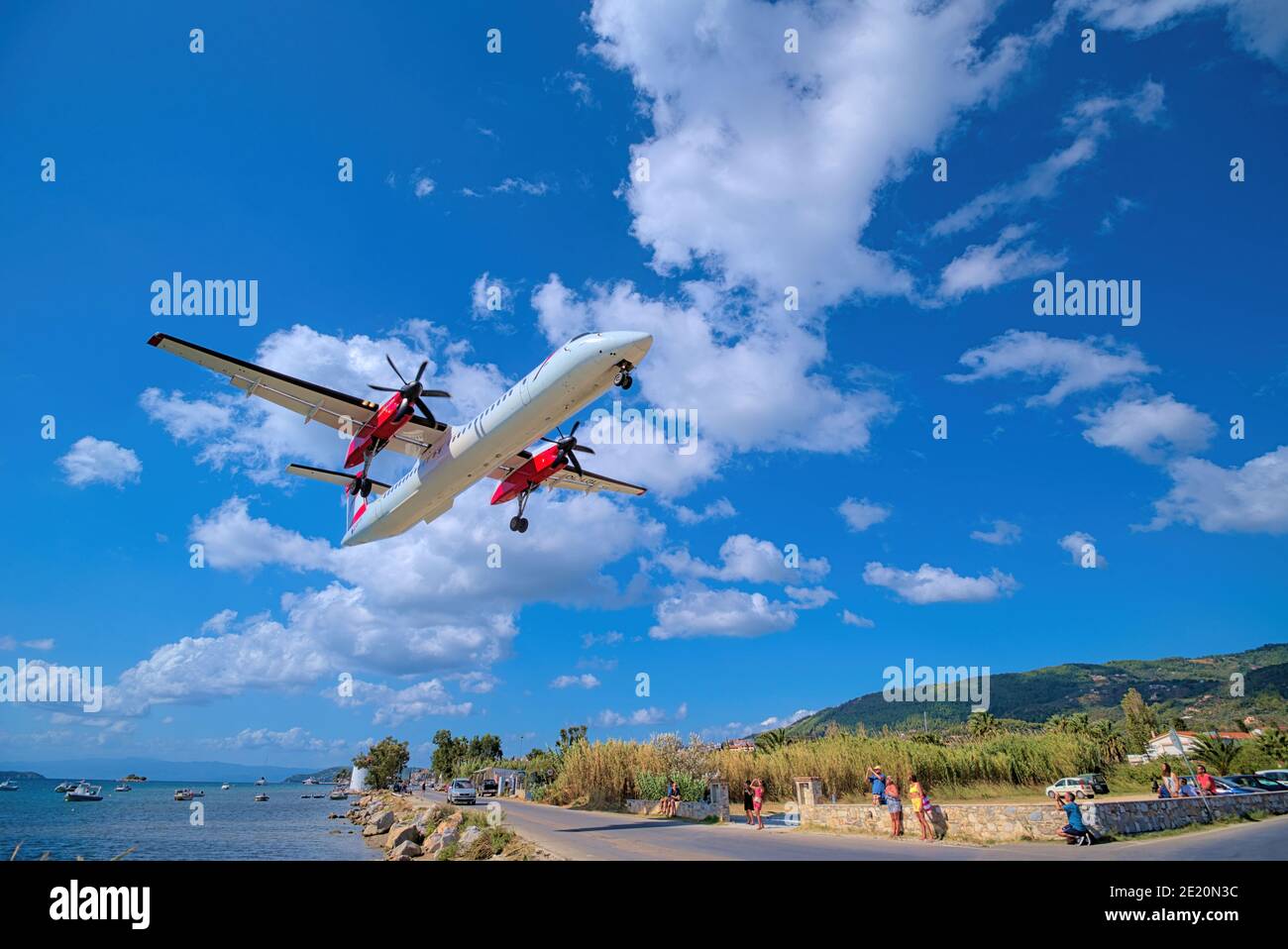 low plane flight, landing, Skiathos airpor. Difficult plane landing Stock Photo