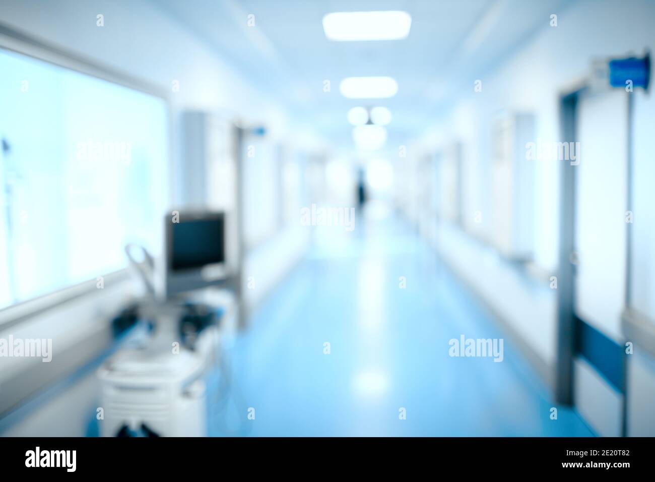 Blurred hospital hallway, unfocused background. Stock Photo