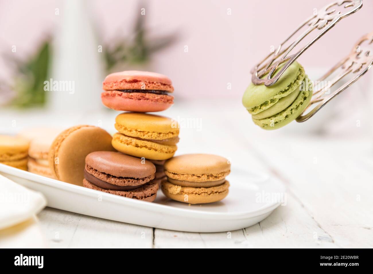 Assortment of French macarons pastry on coffee table, focus on a pistachio flavored one held up with pastry tongs, Stock Photo