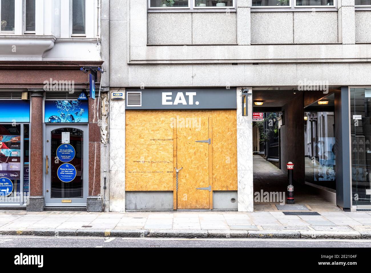 11th July 2020 - Closed and boarded up Eat sandwiches food chain in Fleet Street, London, UK Stock Photo