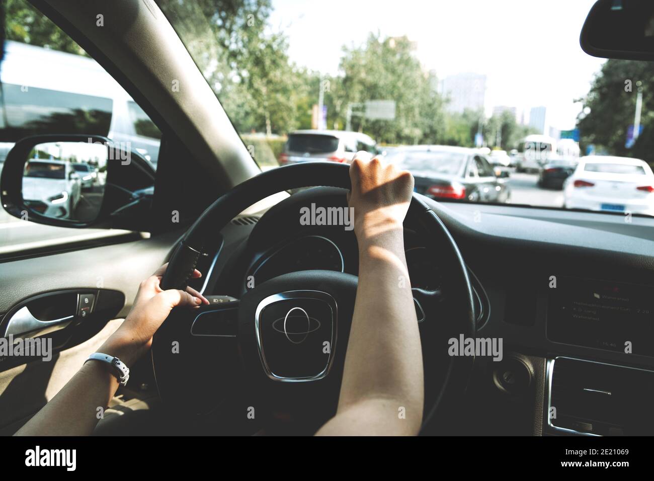 Traffic jams hands grip the steering wheel Stock Photo Alamy