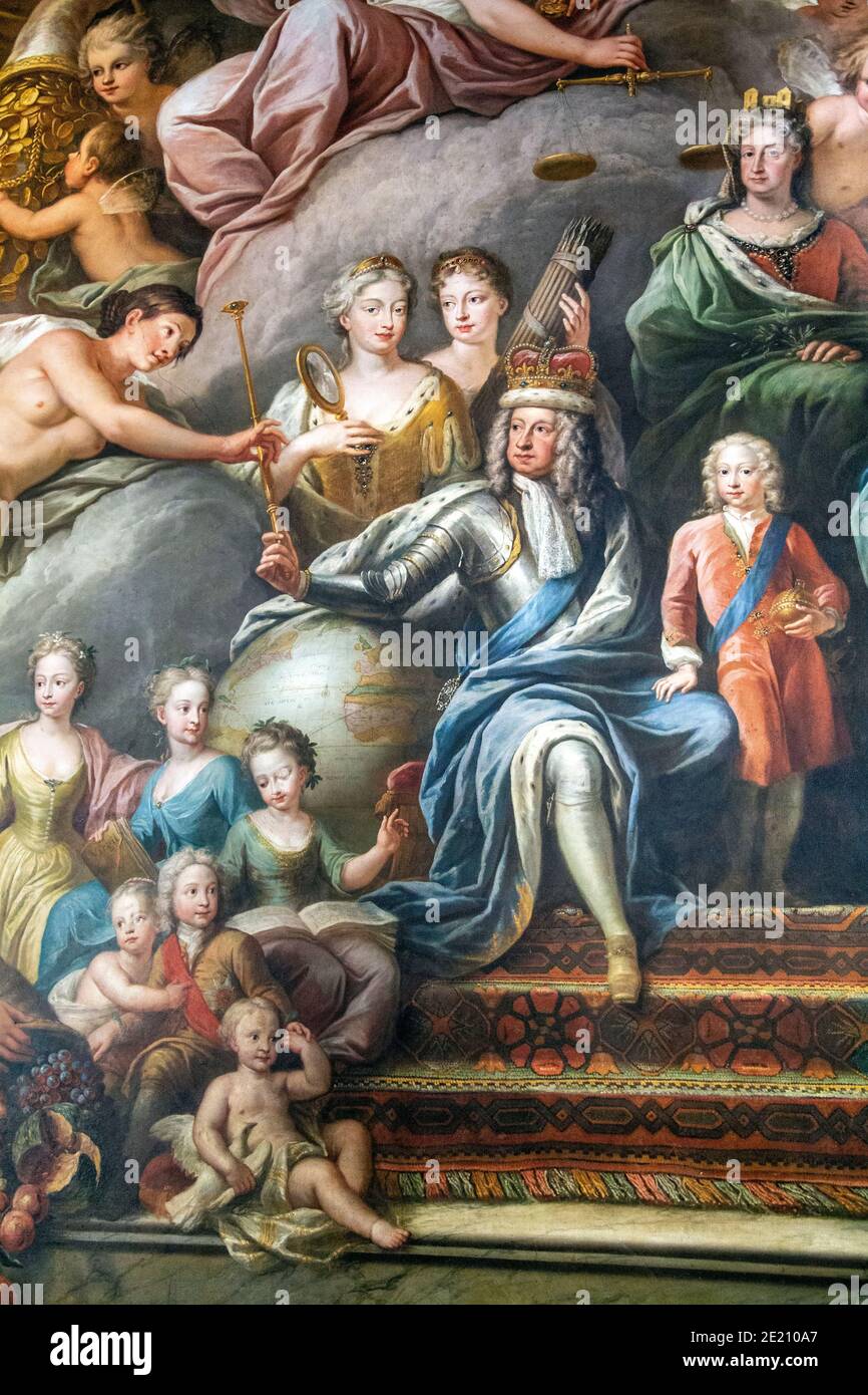 King George I at the painted hall by Sir James Thornhill at the Old Royal Naval College, Greenwich, London, UK Stock Photo