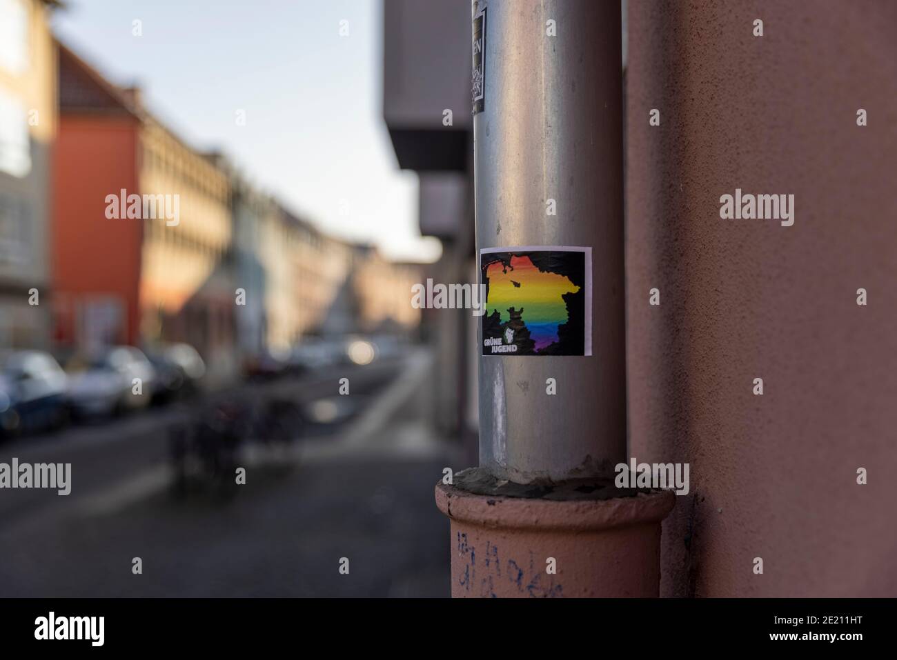 Green youth in Germany is spreading their message by leaving stickers around city streets. Stock Photo