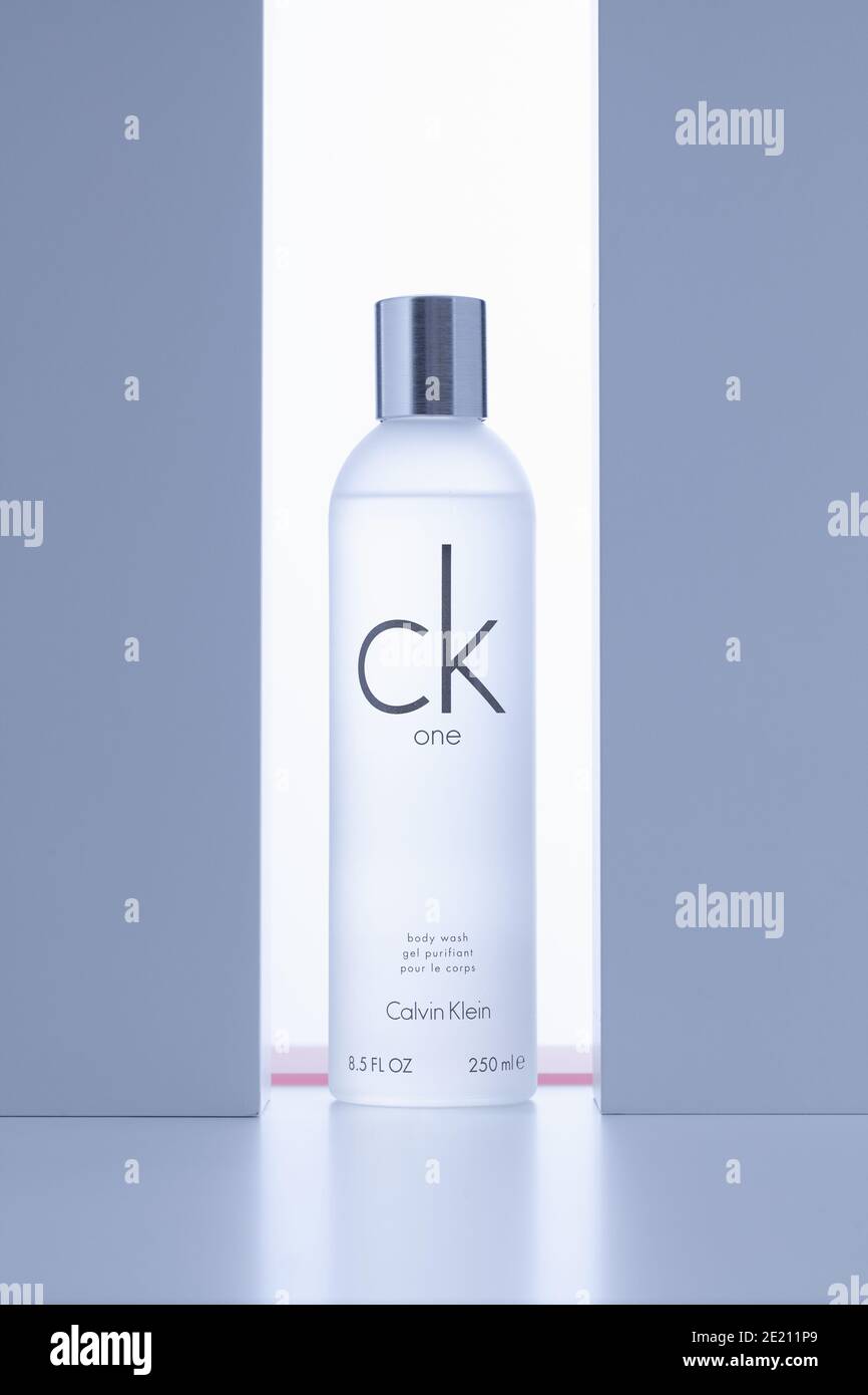Prague,Czech Republic - 9 January 2021: Calvin Klein body wash in the  backlight on the white table Stock Photo - Alamy