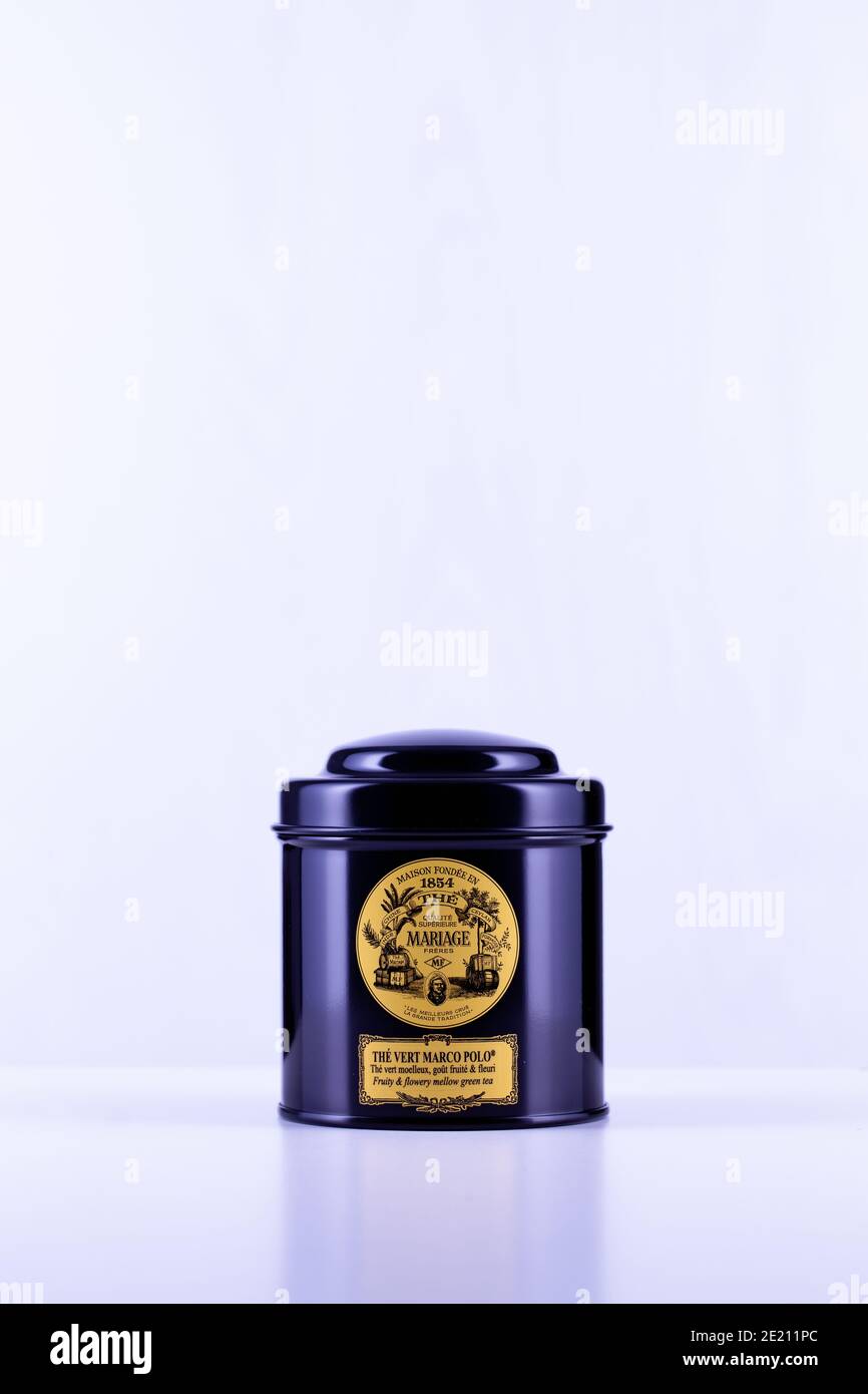 Prague,Czech Republic - 10 January,2021: Marco Polo tea in the black box.  Its extraordinary bouquet makes Marco Polo the most legendary of flavoured  t Stock Photo - Alamy