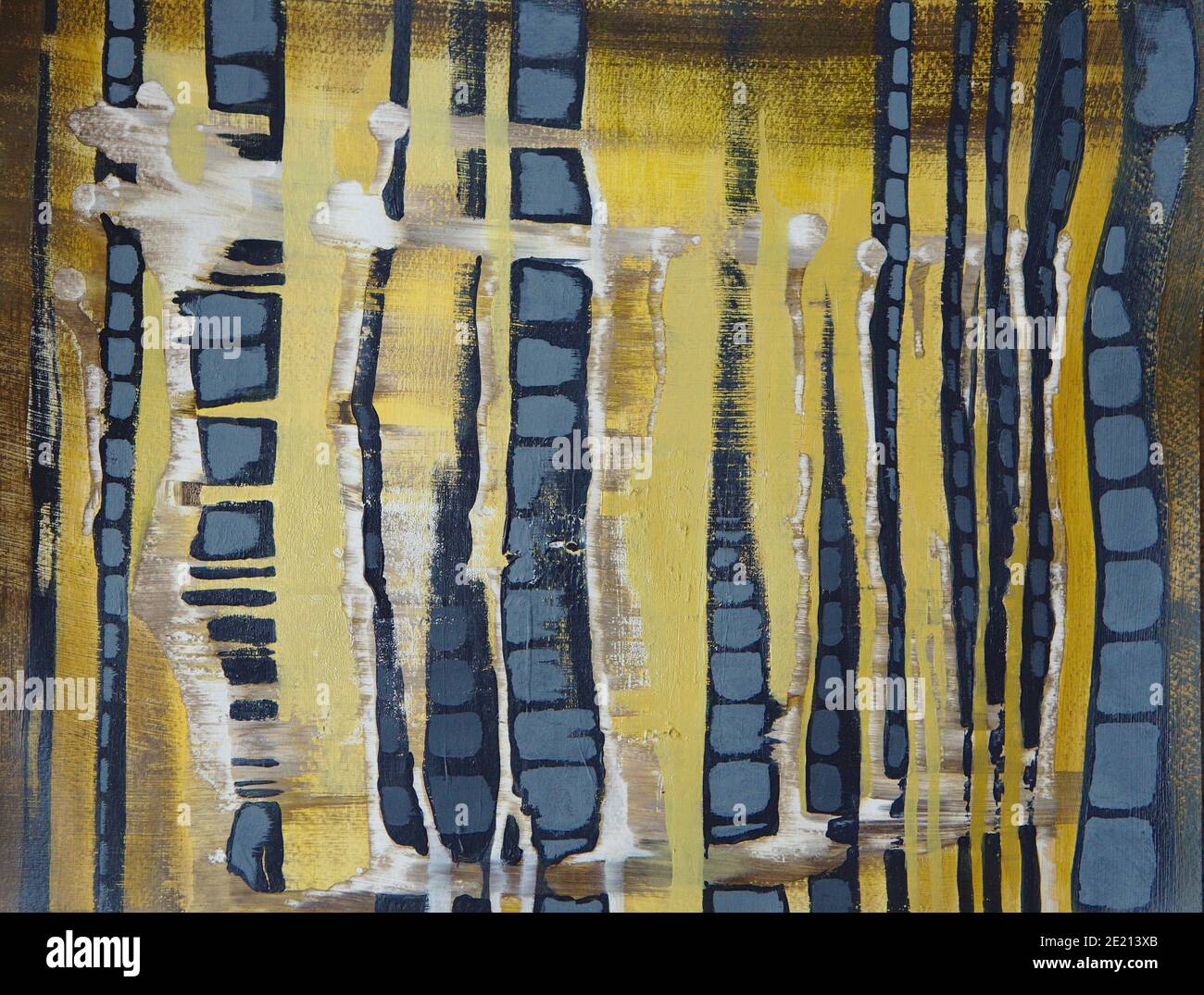 Abstract painting of vertical tree trunks in yellow and blue Stock Photo