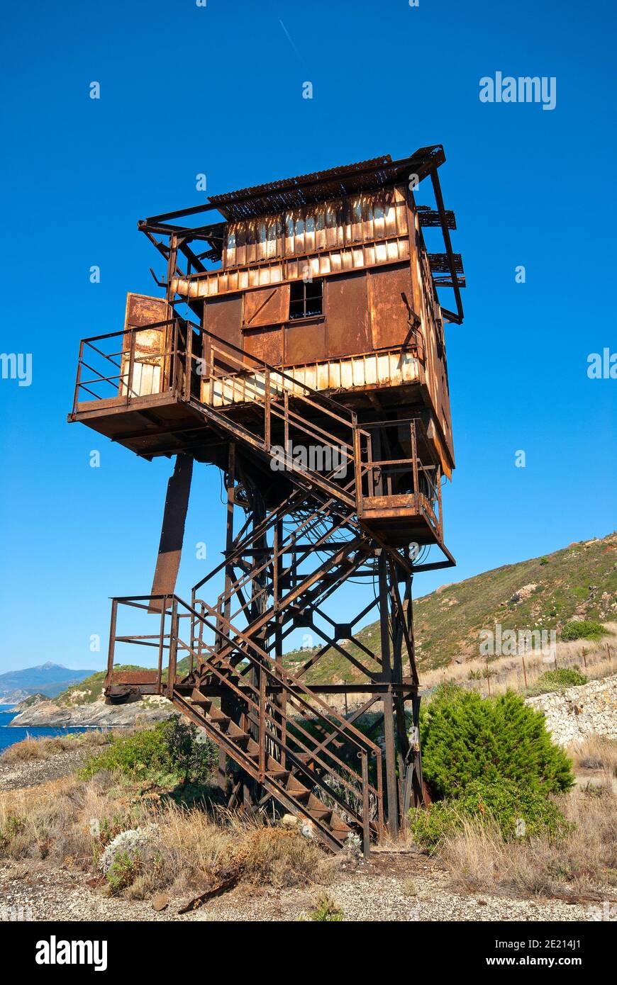 Abandoned equipment in the old iron mine of Vallone at Calamita mountain, Capoliveri, Elba Island, Tuscany, Italy Stock Photo