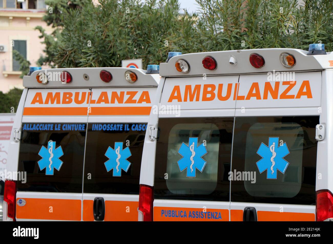 Italian ambulance parked in front of the emergency room in the hospital Stock Photo