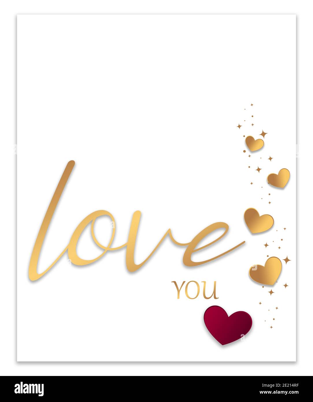 Valentine's day card with gold colored hearts and love you lettering text, love you note design with hearts for valentine's day, mother's day, wedding Stock Photo