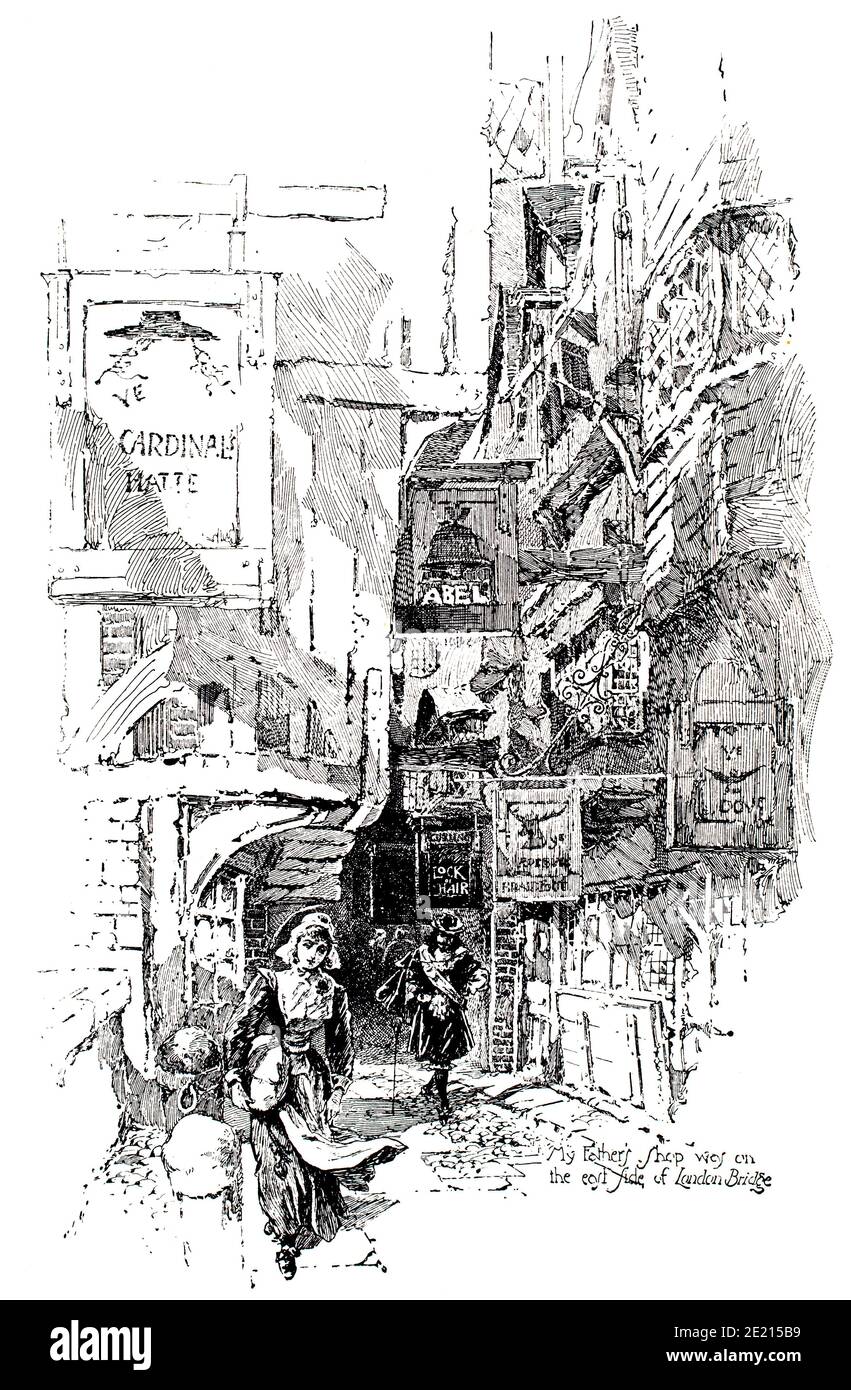 London Bridge in 1665, illustration by John Jellicoe and Herbert Railton for Cherry and Violet, a tale of the Great Plague, from 1897 The Studio an Il Stock Photo
