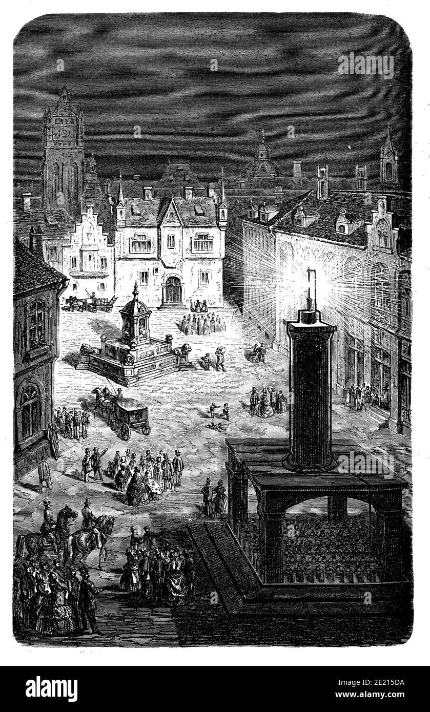 Vintage illustration on the introduction in early years of the 19th century of the electric illumination in town as electric arc light Stock Photo