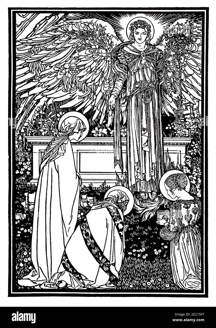 Angel, line illustration by Robert Anning Bell, from The Altar Book, published by Berkeley Updike, from 1897 The Studio an Illustrated Magazine of Fin Stock Photo