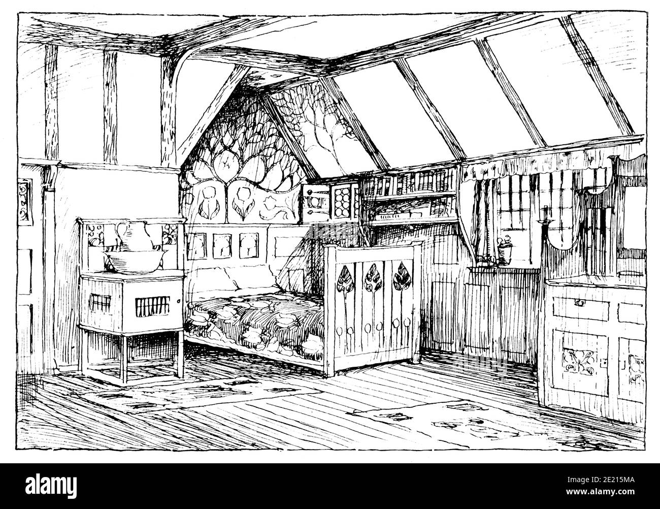An Artist’s House, bedroom interior, drawing by architect  M H Baillie Scott from 1897 The Studio an Illustrated Magazine of Fine and Applied Art Stock Photo