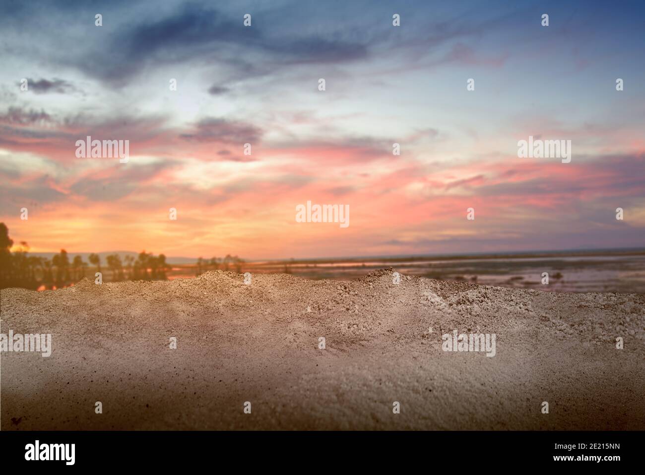 Sandy beach with the blue ocean and sunset sky background Stock Photo ...