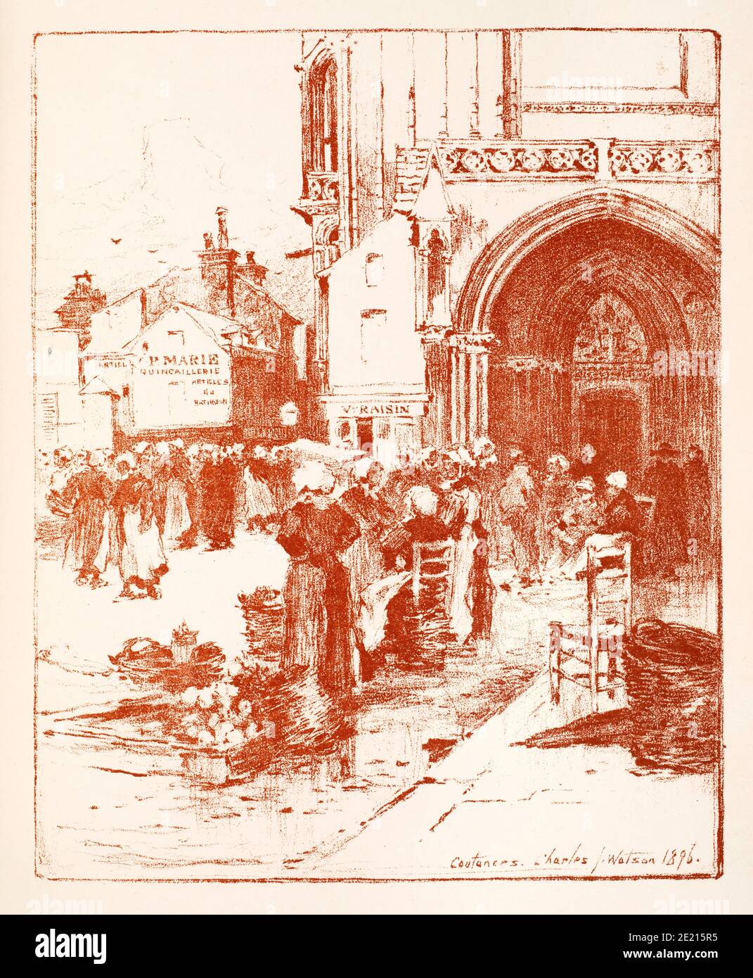 Market at Coutances, Normandy, France , drawing by Suffolk Artist Charles, J Watson 1897 The Studio an Illustrated Magazine of Fine and Applied Art Stock Photo