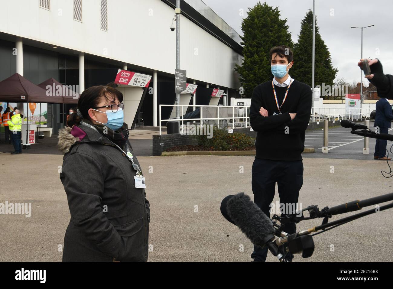 Bristol, UK. 11th Jan, 2021. Mass Vaccination rollout at Ashton Gate Football Stadium. Roslyn Wiaznik, Manager of Alliance Living Care Weston Super Mare Branch seen talking to Media. Picture Credit: Robert Timoney/Alamy Live News Stock Photo