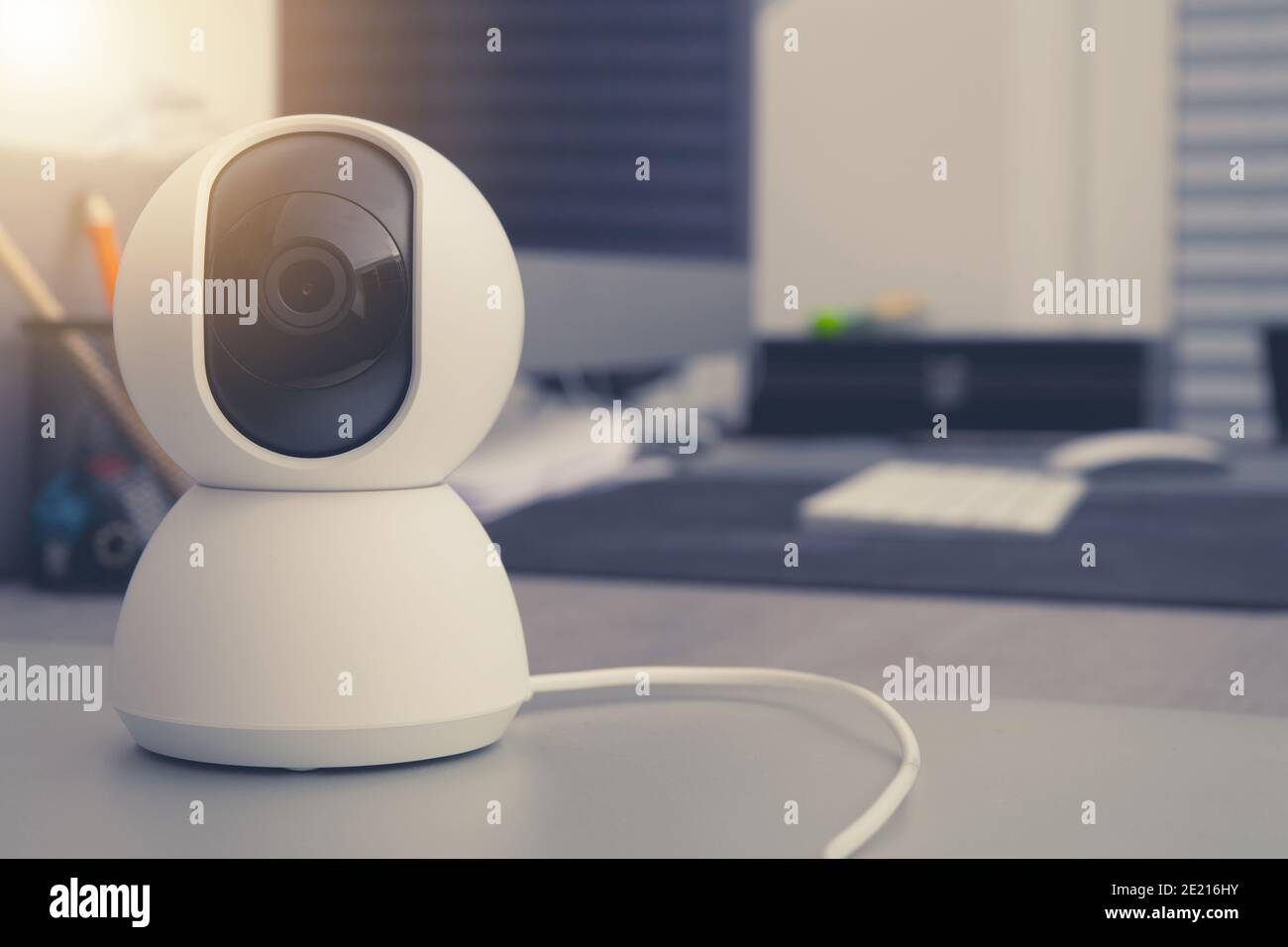 Small Modern Office Webcam For Live Streaming Meetings While Working From Home. Corporate and Technologies Theme. Stock Photo