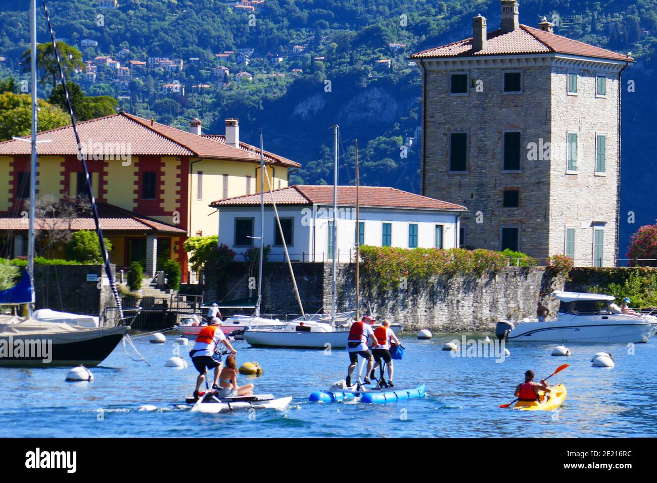 Italy, Lombardy, Como Lake, Lario, Bellagio, Pescallos, Boat, People bike, Hoses, Architecture, Stock Photo