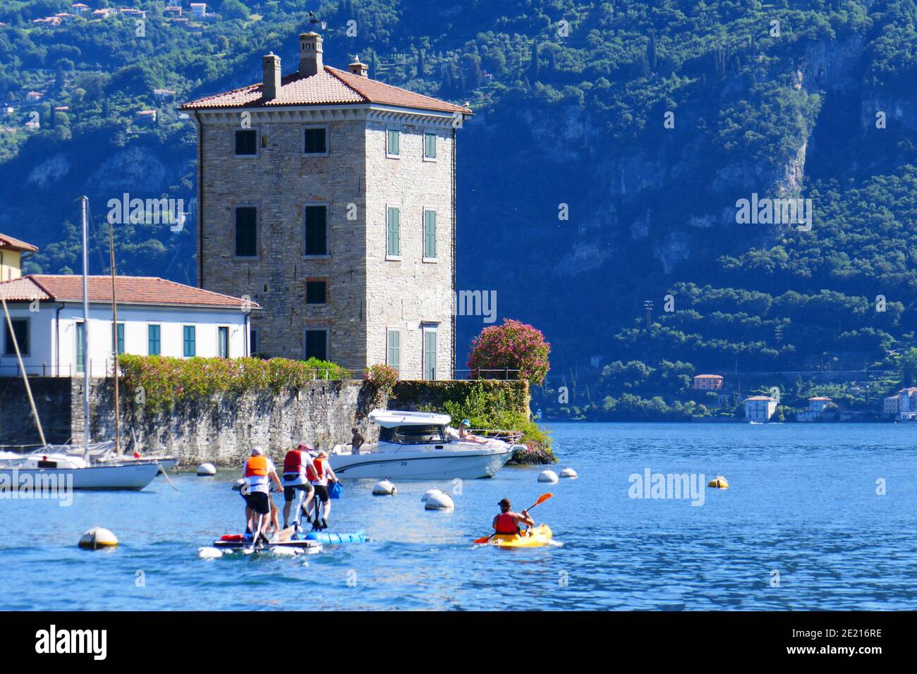 Italy, Lombardy, Como Lake, Lario, Bellagio, Pescallos, Boat, People bike, Hoses, Architecture, Stock Photo