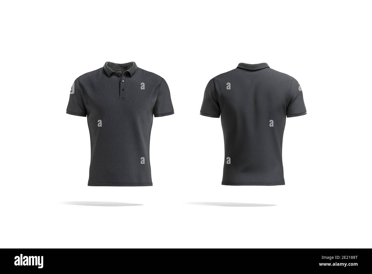 Blank black polo shirt mock up, front and back view, 3d rendering. Empty classic textile male poloshirt mockup, isolated. Clear casual fabric tshirt o Stock Photo