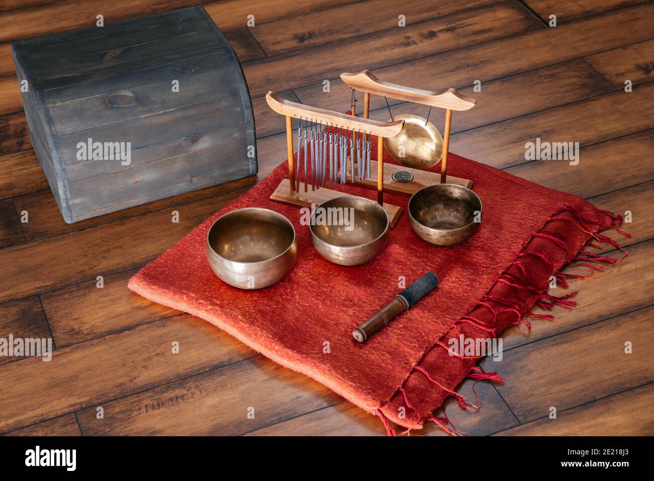 Tibetan singing bowls on the floor in yoga class, sound therapy concept