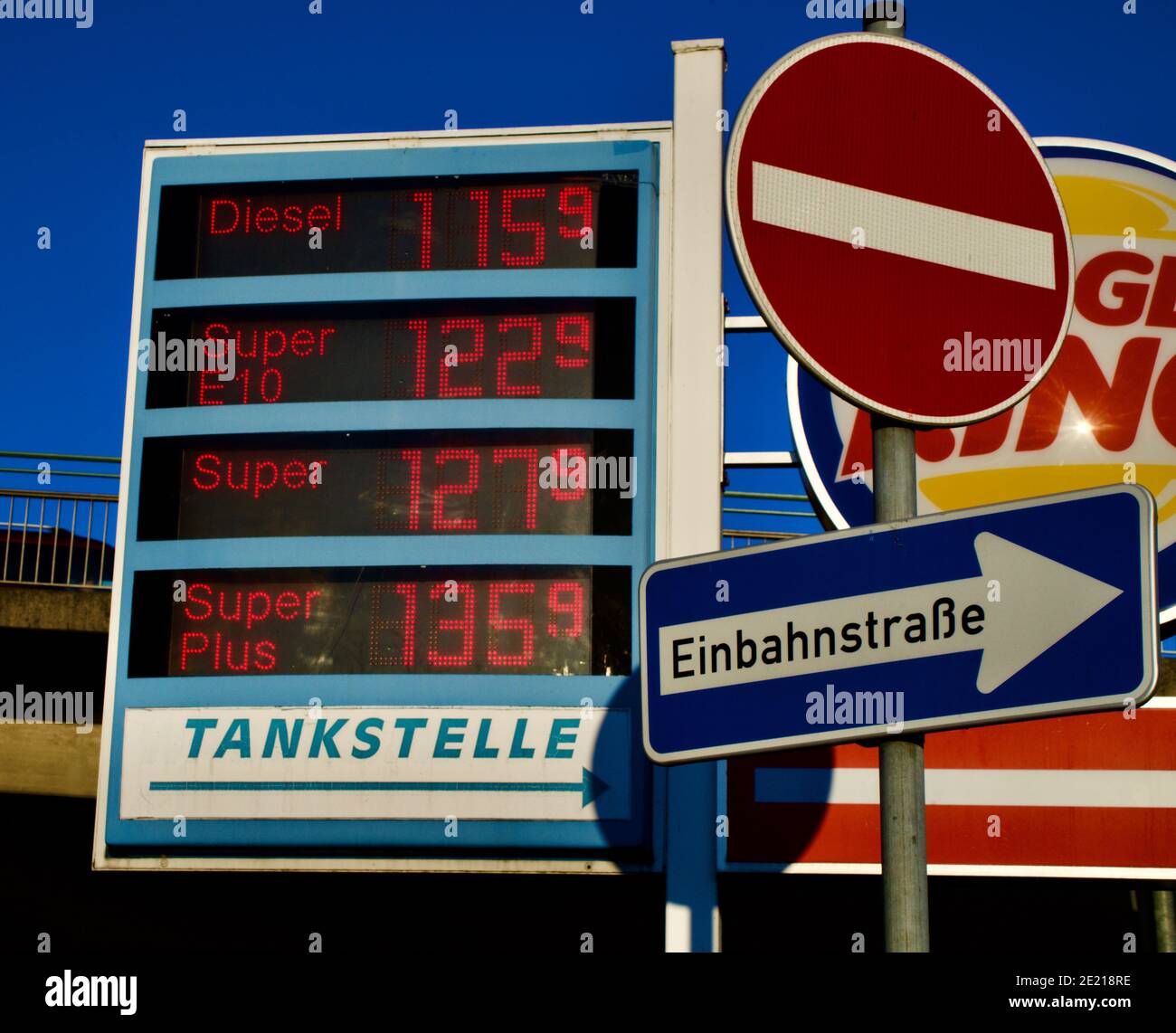 petrol price board with one way sign Stock Photo
