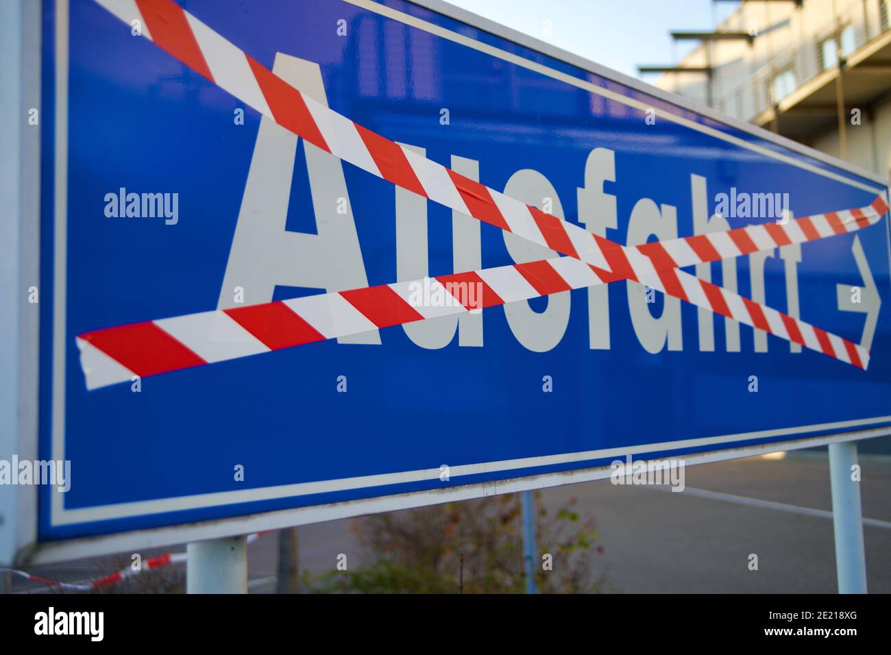 Canceled blue exit sign (Ausfahrt) Stock Photo