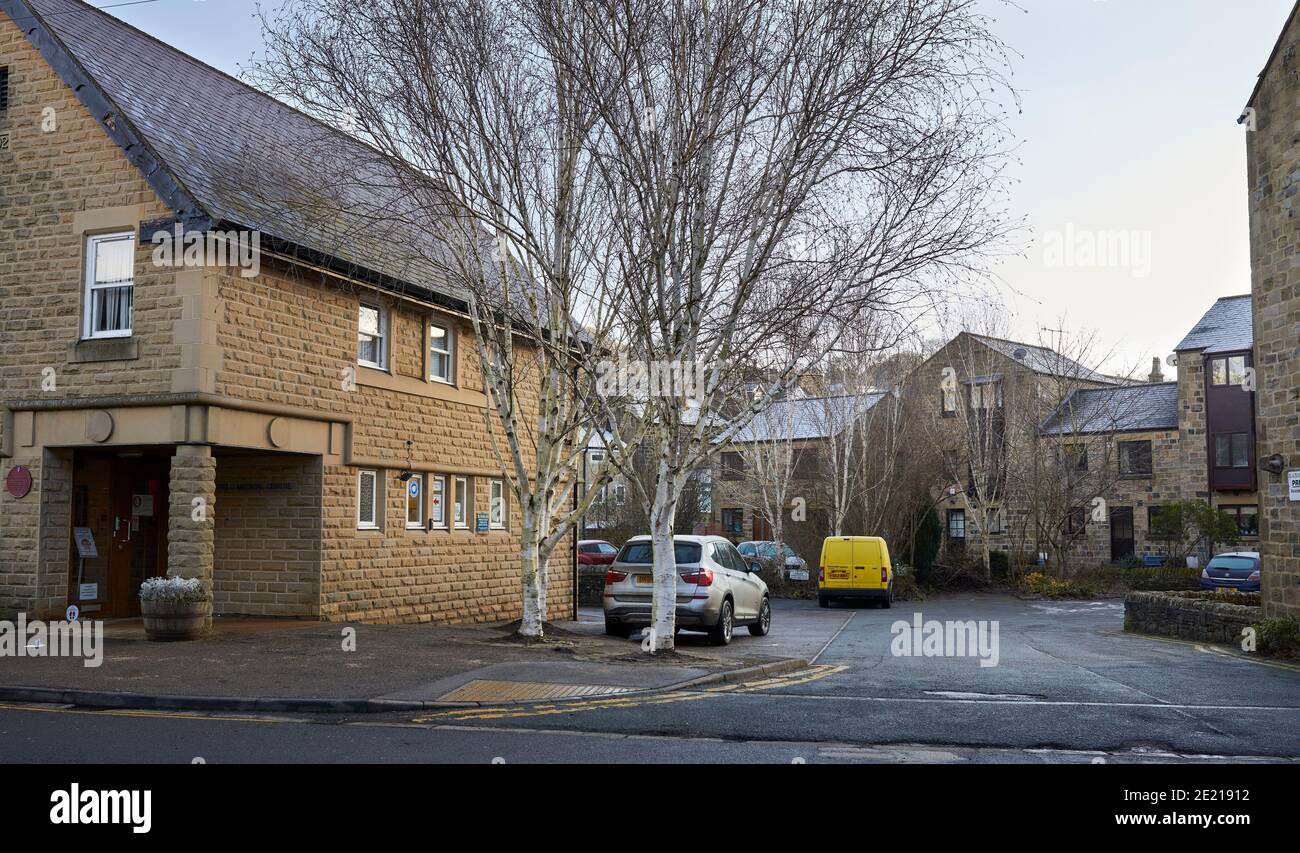 Now deserted, views of the normally busy market town of Pateley Bridge local doctor's surgery in the covid-19 lockdown in January 2021 Stock Photo