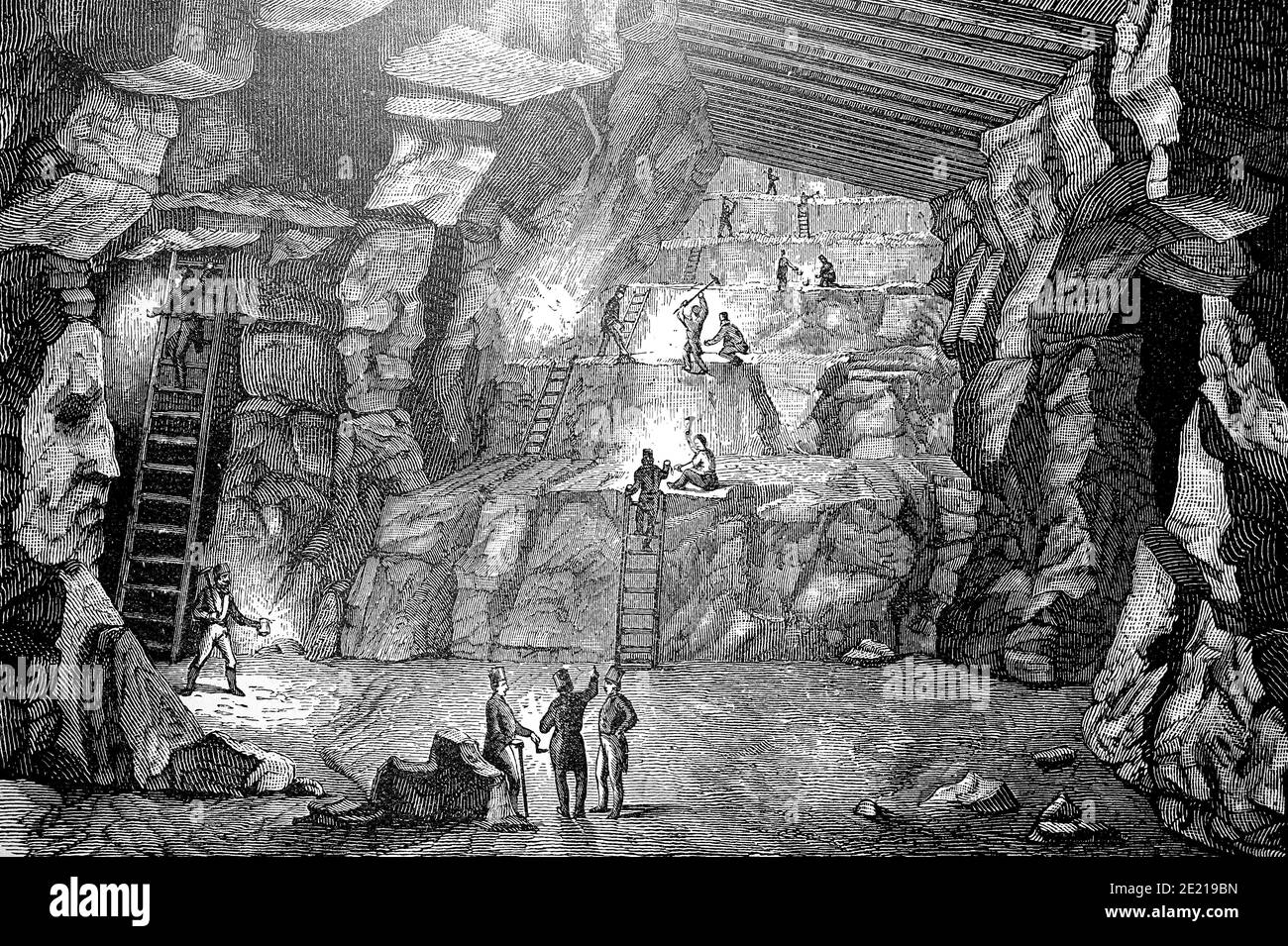 Inside a mine, mining  /  Im Inneren eines Bergwerk, Abbau eines Stockes, Historisch, historical, digital improved reproduction of an original from the 19th century / digitale Reproduktion einer Originalvorlage aus dem 19. Jahrhundert, Stock Photo