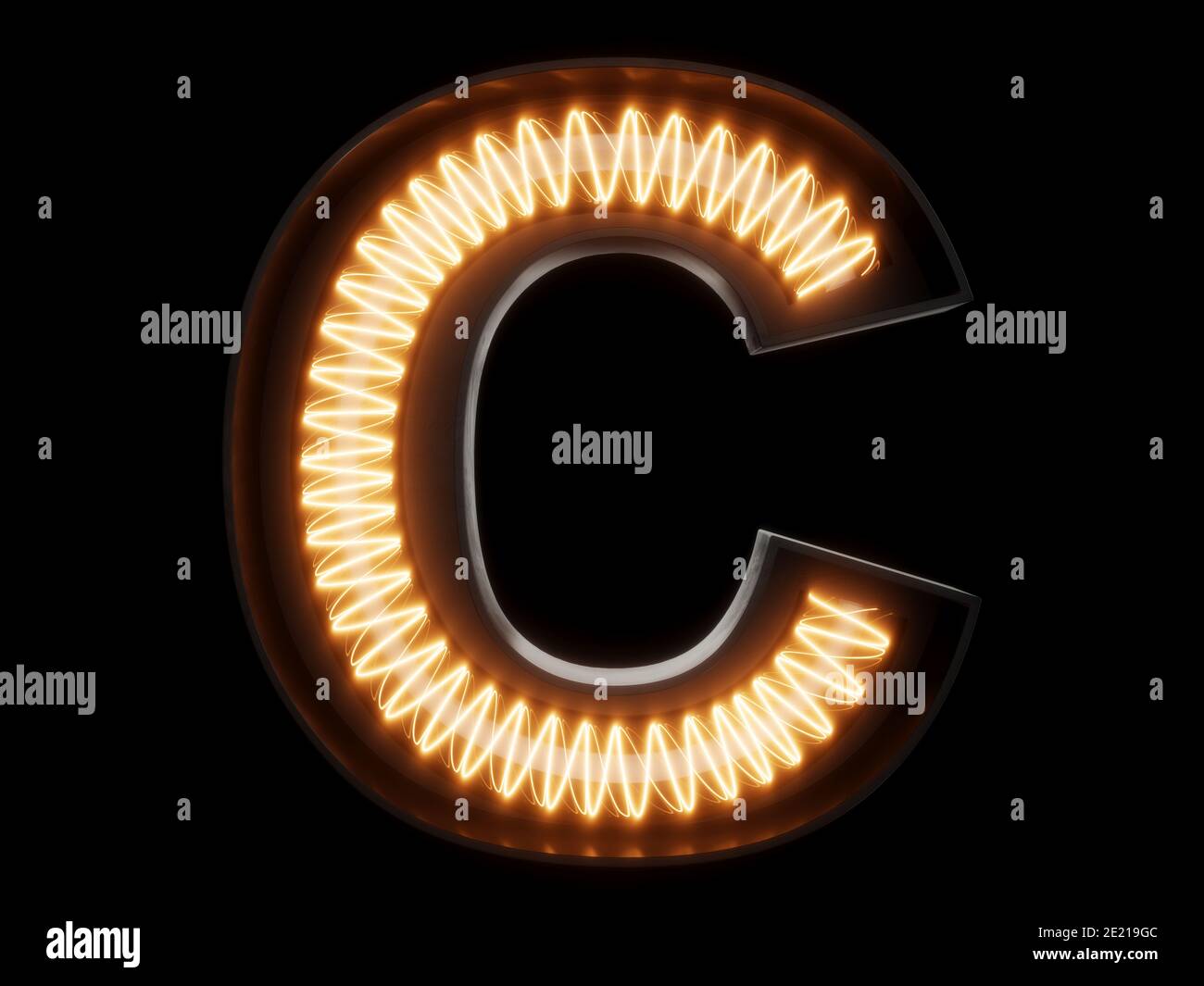 Light bulb glowing letter alphabet character C font. Front view illuminated capital symbol on black background. 3d rendering illustration Stock Photo