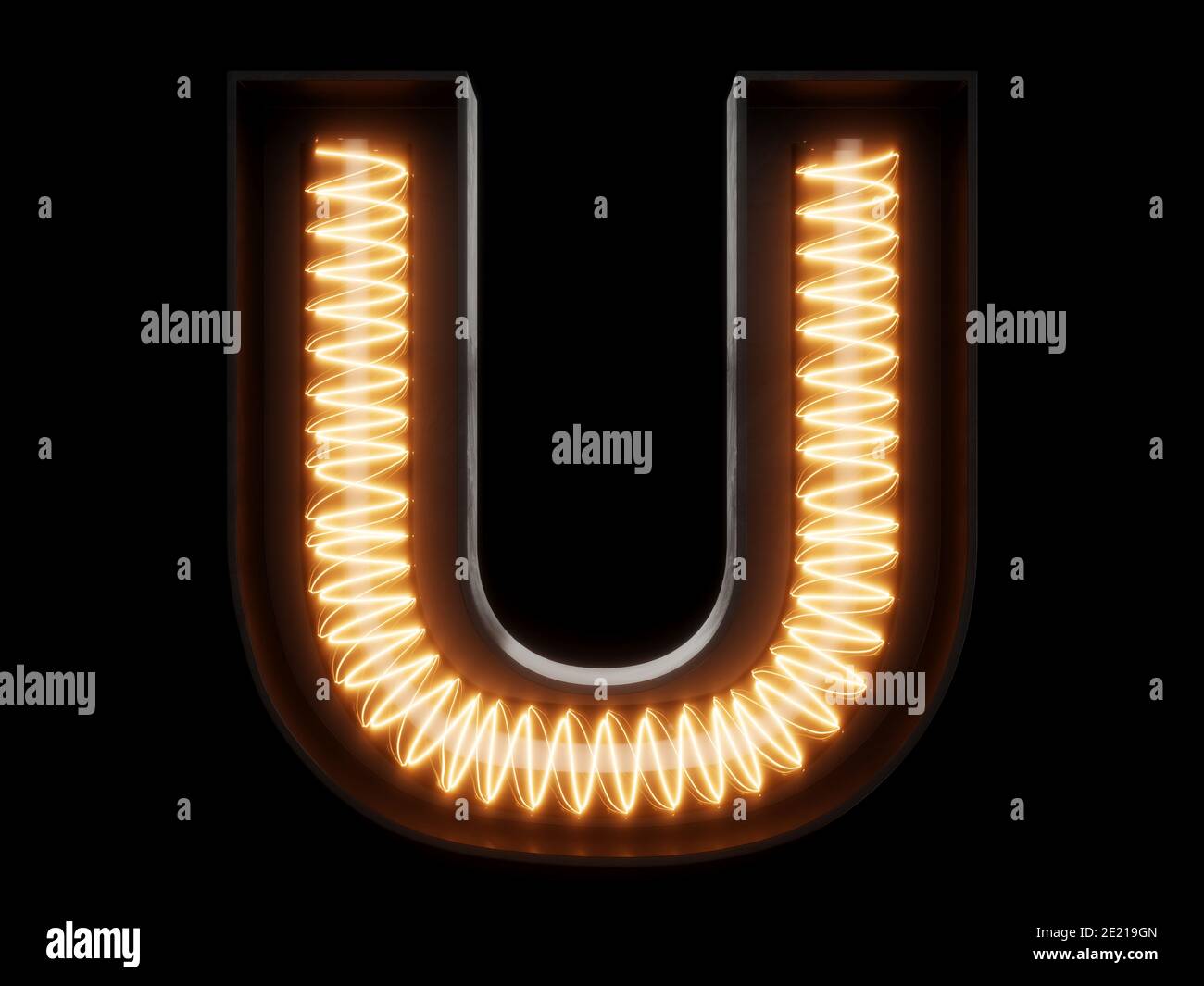 Light bulb glowing letter alphabet character U font. Front view illuminated capital symbol on black background. 3d rendering illustration Stock Photo