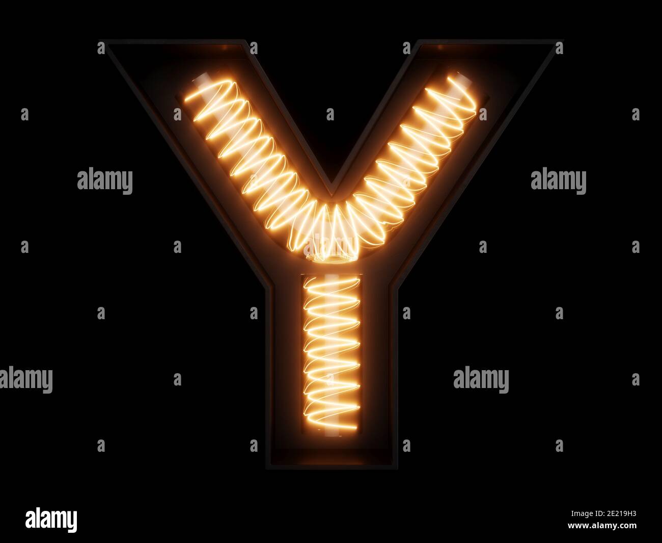 Light bulb glowing letter alphabet character Y font. Front view illuminated capital symbol on black background. 3d rendering illustration Stock Photo