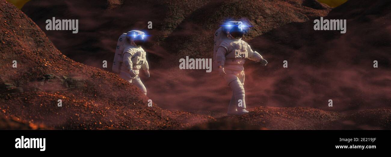 astronauts on Mars, travelers exploring the red planet's landscape during a dust storm Stock Photo