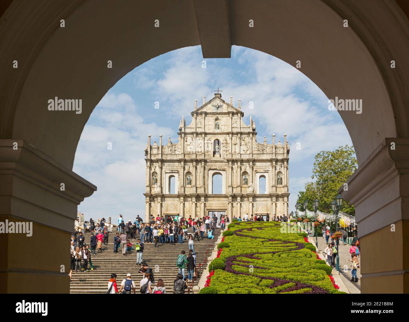 Macau, China.  Ruins of seventeenth century St. Paul's cathedral.  Ruinas do Sao Paulo.  Only the facade remains.  St. Paul's is part of the historic Stock Photo