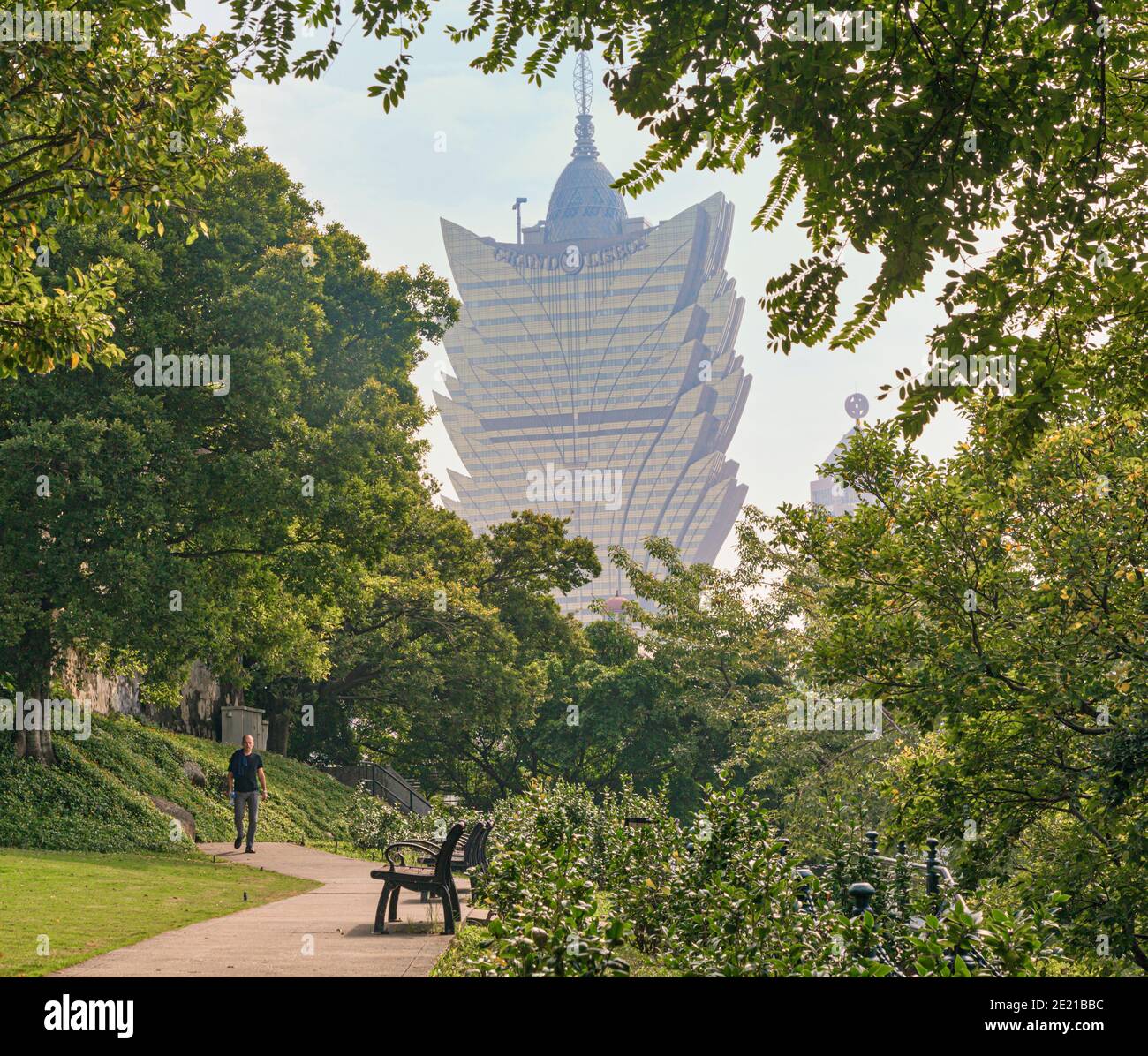 Macau, China.  Grand Lisboa hotel seen from Fortaleza do Monte park. The park is part of part of the Historic Centre of Macau, a UNESCO World Heritage Stock Photo