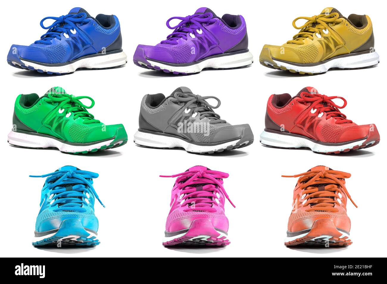 Group of colorful running and fashion sneaker shoes isolated on white